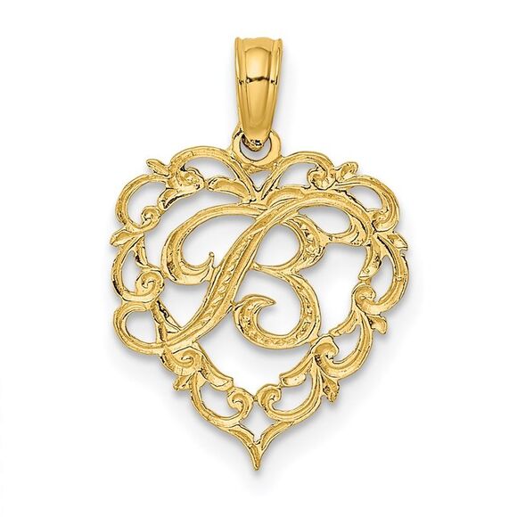 14K Yellow Gold Heart Script Letter B Initial Charm